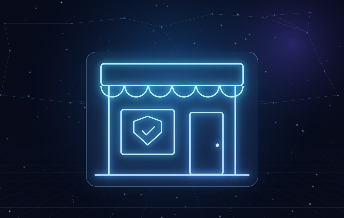 Glowing storefront with a security shield in the window