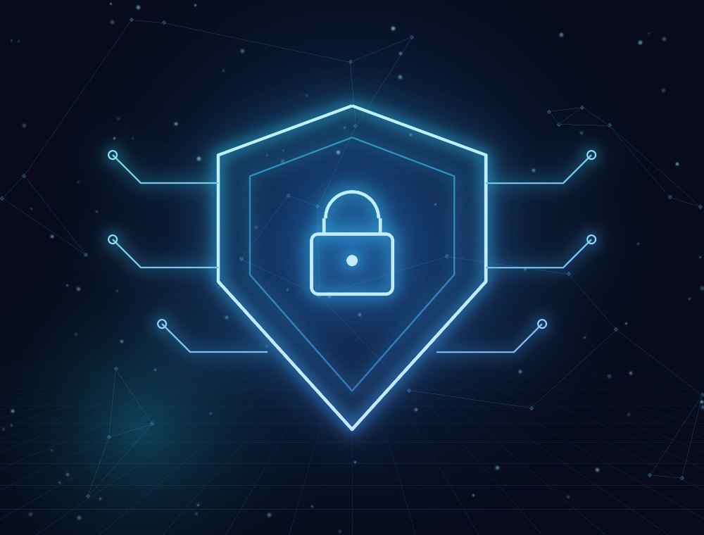 Glowing shield with a padlock connected to a secure network
